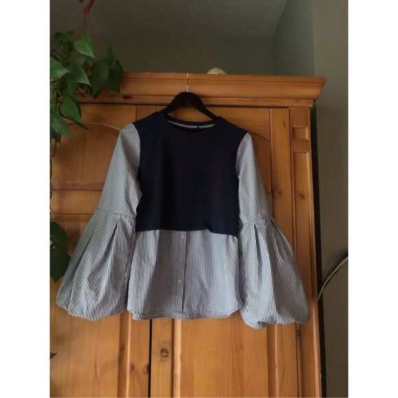 Halogen  Blouse Long Bell Sleeves  Navy Blue Striped Size S - Picture 2 of 13